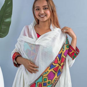Red & Multicolor Geometric Tibeb |Traditional Ethiopian Habesha Dress | Handmade Cotton | Flowy Fit – Style Hab204