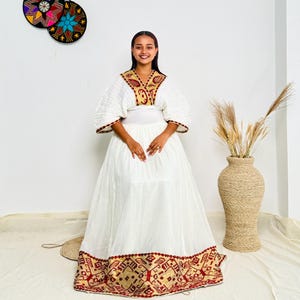 Habesha Dress | Radiant Red with Gold Design | Special Occasions | Handcrafted Embroidery Hab98