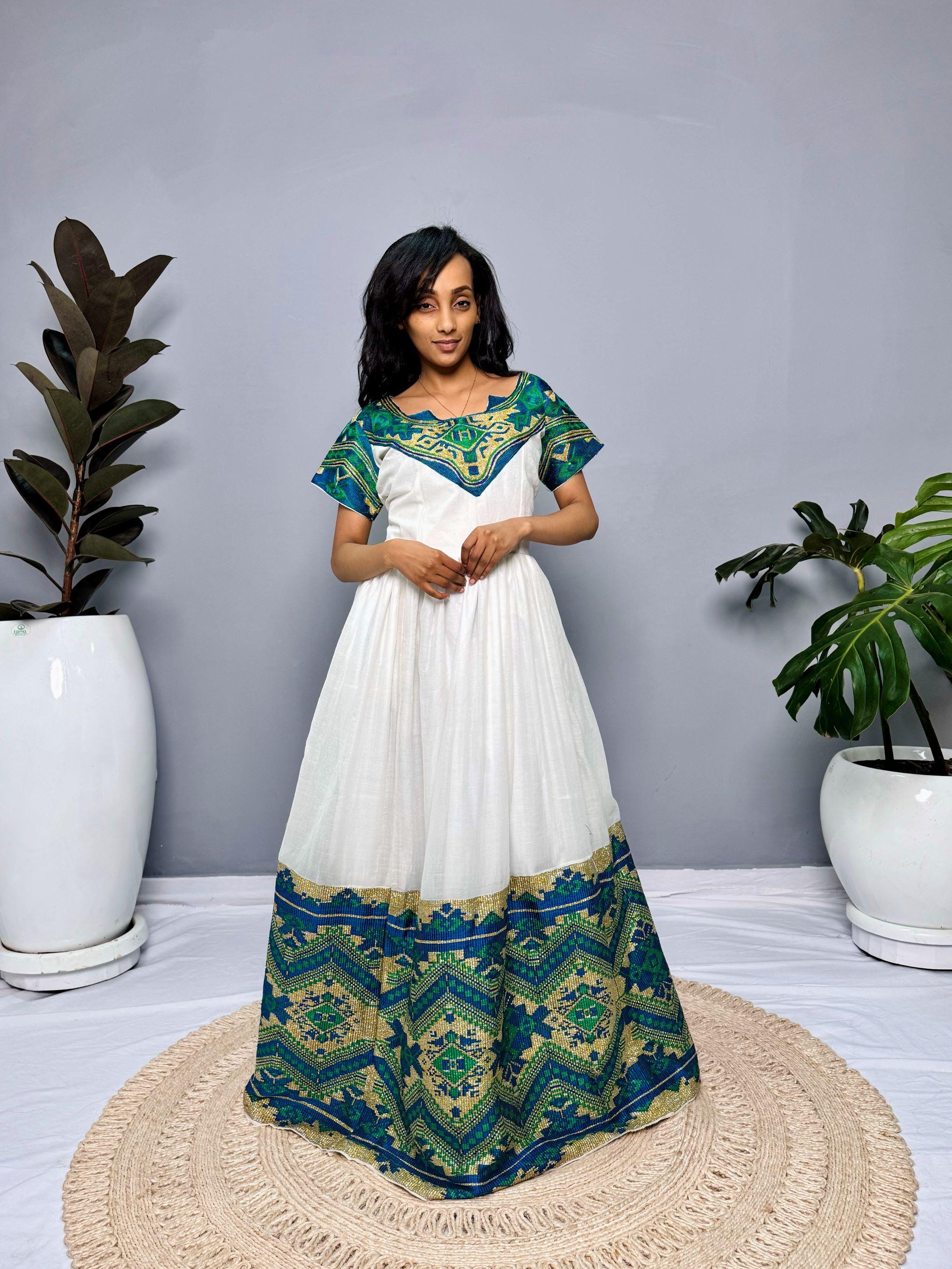 Ethiopian Dress | Elegant Half-Sleeve Design | Cultural Celebrations & Special Occasions | Green Intricate Embroidery | Habesha Dress Hab122