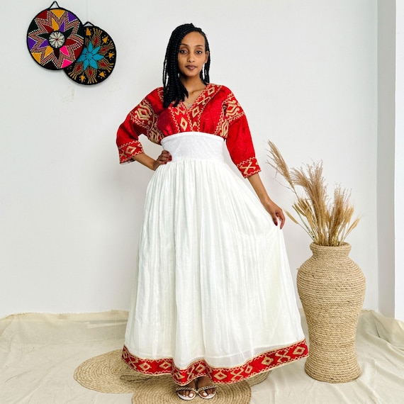 Vibrant Red Habesha Dress with Beautiful Intricate Designs Elegant Ethiopian Dress for Special Occasions Habesha KemiS Hab21