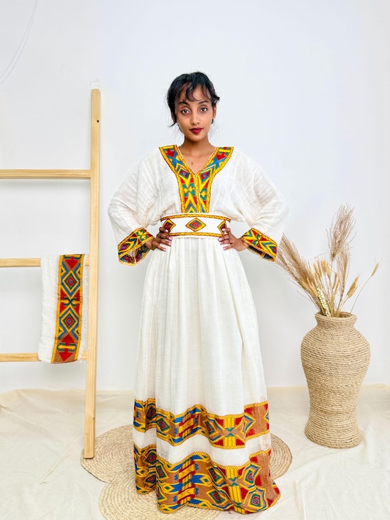 Ethiopian Dress | Elegant Gold Embroidery with Belt | Weddings & Celebrations | Handcrafted Design Hab75 Ethiopian Dress | Elegant Gold Embroidery with Belt | Weddings & Celebrations | Handcrafted Design Hab75