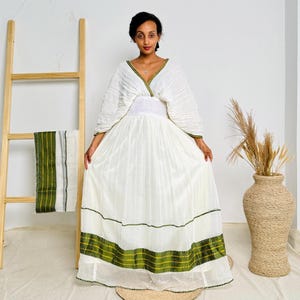 Ethiopian Dress | Minimalist Habesha Dress | Timeless Style with Green Accents | Habesha Dress Hab103