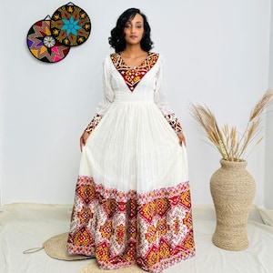 Habesha Dress| Elegant Full-Sleeve Dress | Radiant Red Embroidery |  Ceremony Habesha Dress |  100% Handcrafted Habesha Dress Hab84