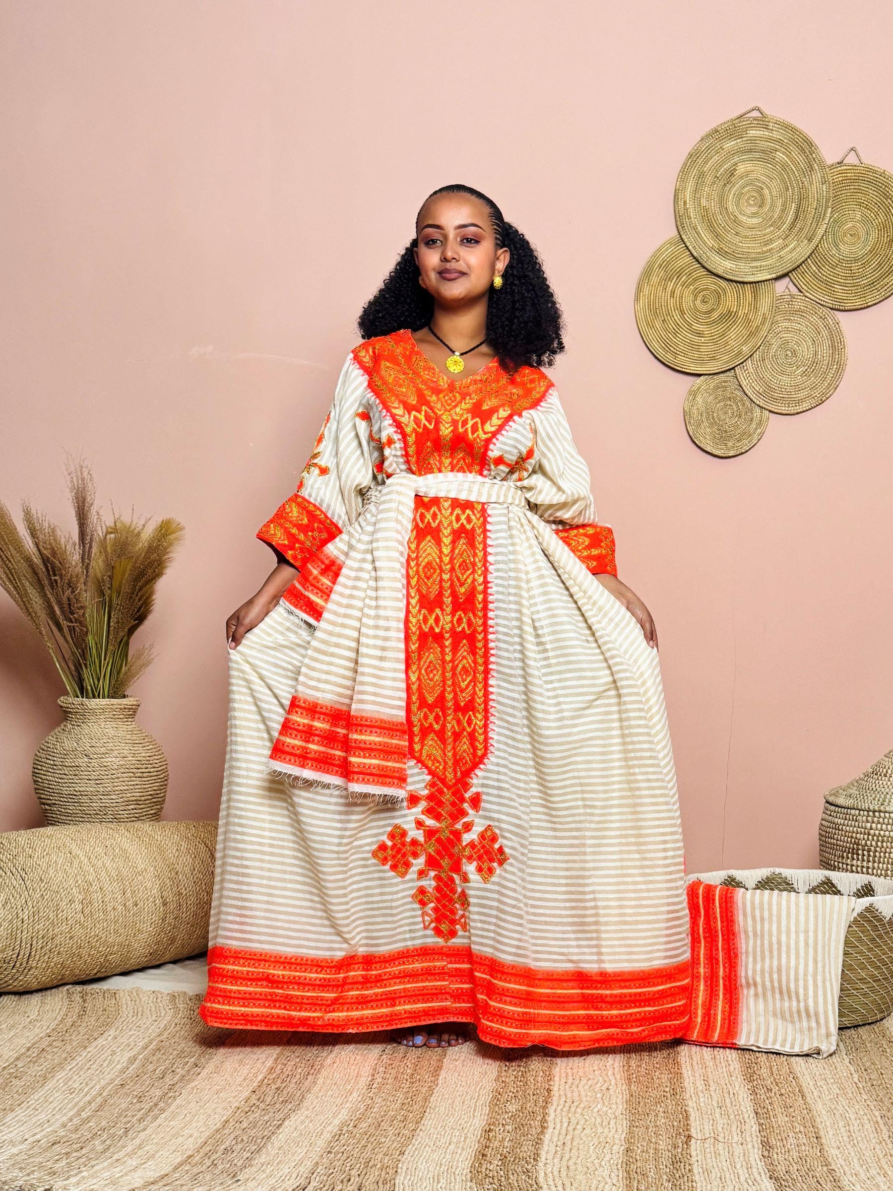white orange dress Delight Mini - Orange and breezy silhouette perfect for warm afternoons and golden Handwoven Ethiopian Dress | White