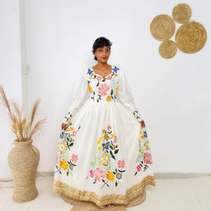 Traditional Ethiopian Habesha Dress | Handwoven Cotton | Floral Embroidery & Golden Tilet | Flowy Fit Hab238