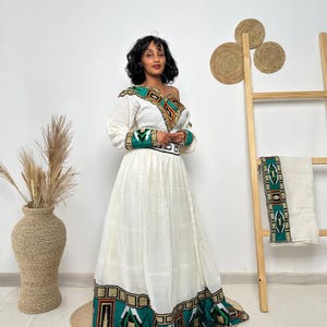 Emerald Radiance One-Shoulder Habesha Dress | Regal Ethiopian Kemis Hab250