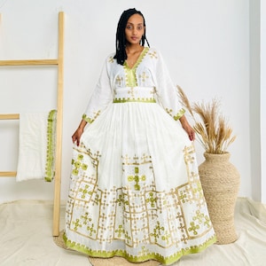 Citroengeel sprankelende Habesha-jurk met elegante details Habesha Kemis Design Habesha53