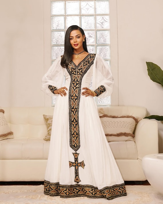 black and gold ethiopian dress Black & Gold Ethiopian Dress, Meskel-Embroidered Zuria Habesha Kemis, main image 1
