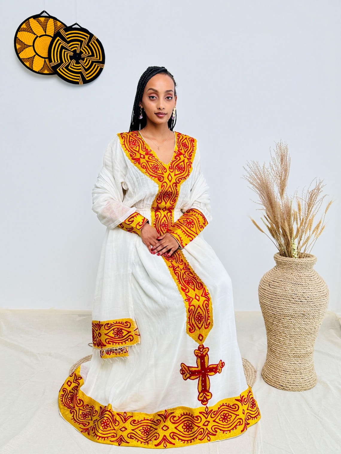 Daring Short Ivory & Copper Gold Modern Habesha Dress with Gonder Fetel Inspiration