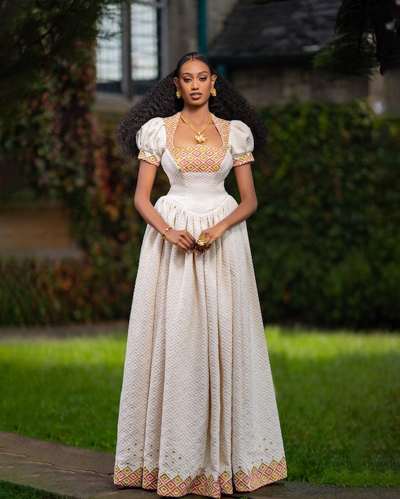Edina Stunning Habesha Dress | Puffed Sleeves Ethiopian Clothing | Diamond Tibeb Pattern Habesha Kemis