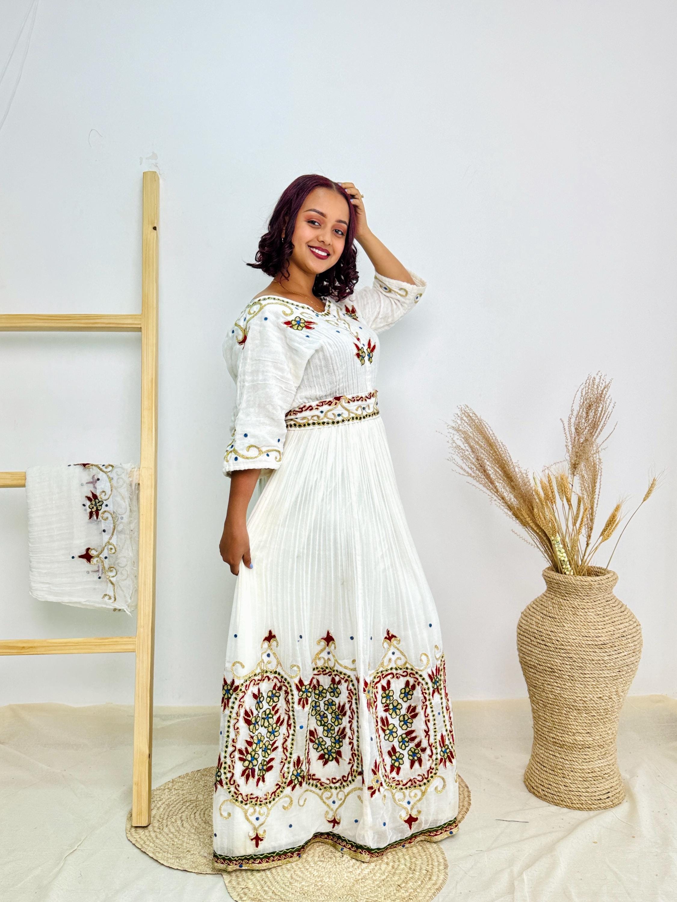 ワンピース Ethiopian dress Ethiopian Dress| Red and Gold Embroidery | Festive Dress