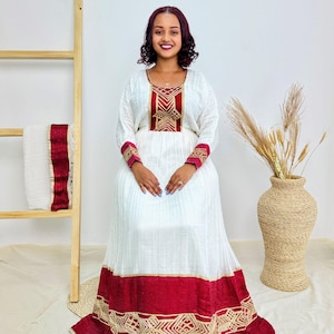 Traditional White Habesha Kemis with Red & Gold Trim - Classic Ethiopian Dress main image 1