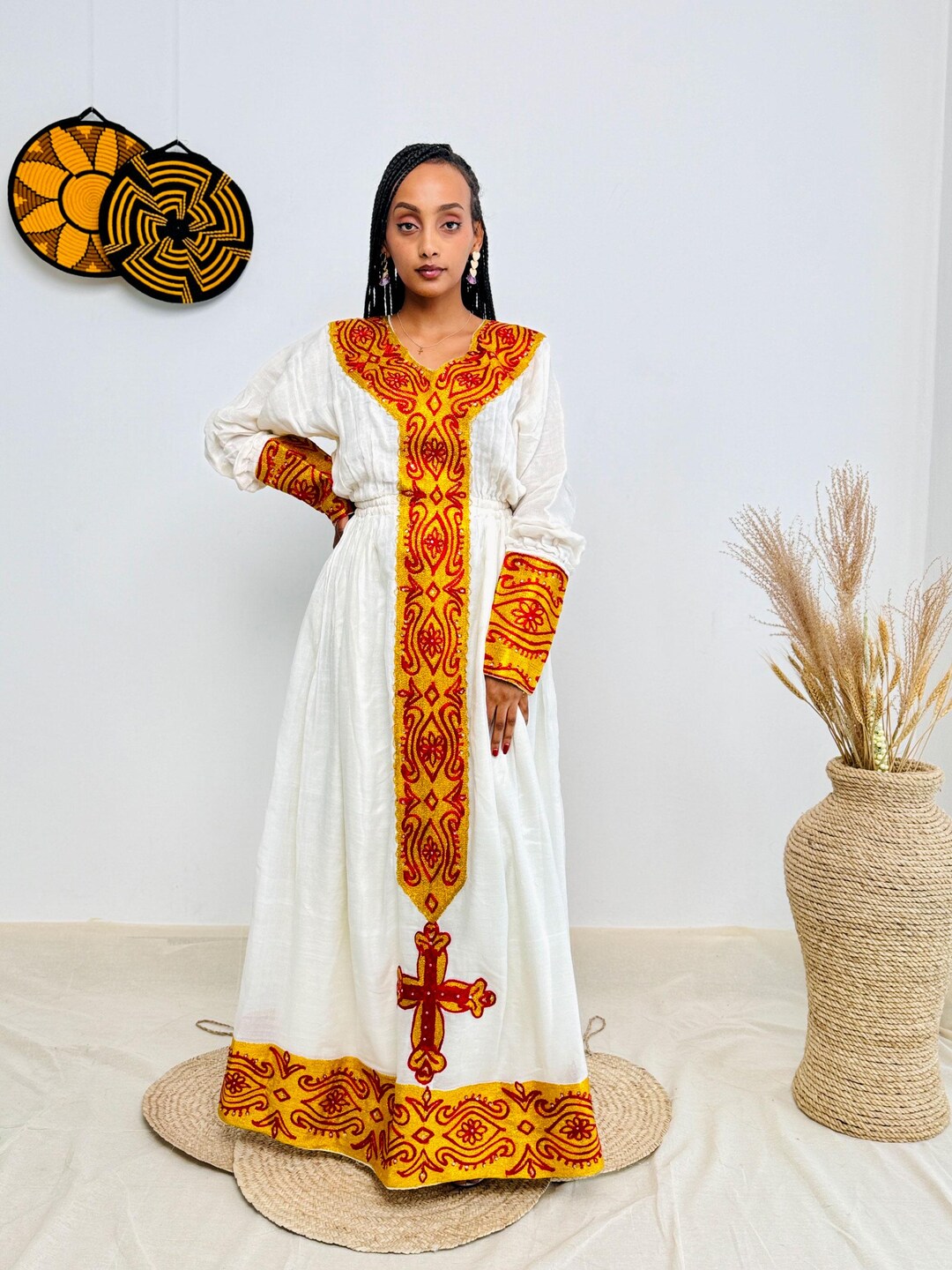 Luxury Ethiopian Occasion Dress – Beige Habesha Gown with Gold & Orange Beading