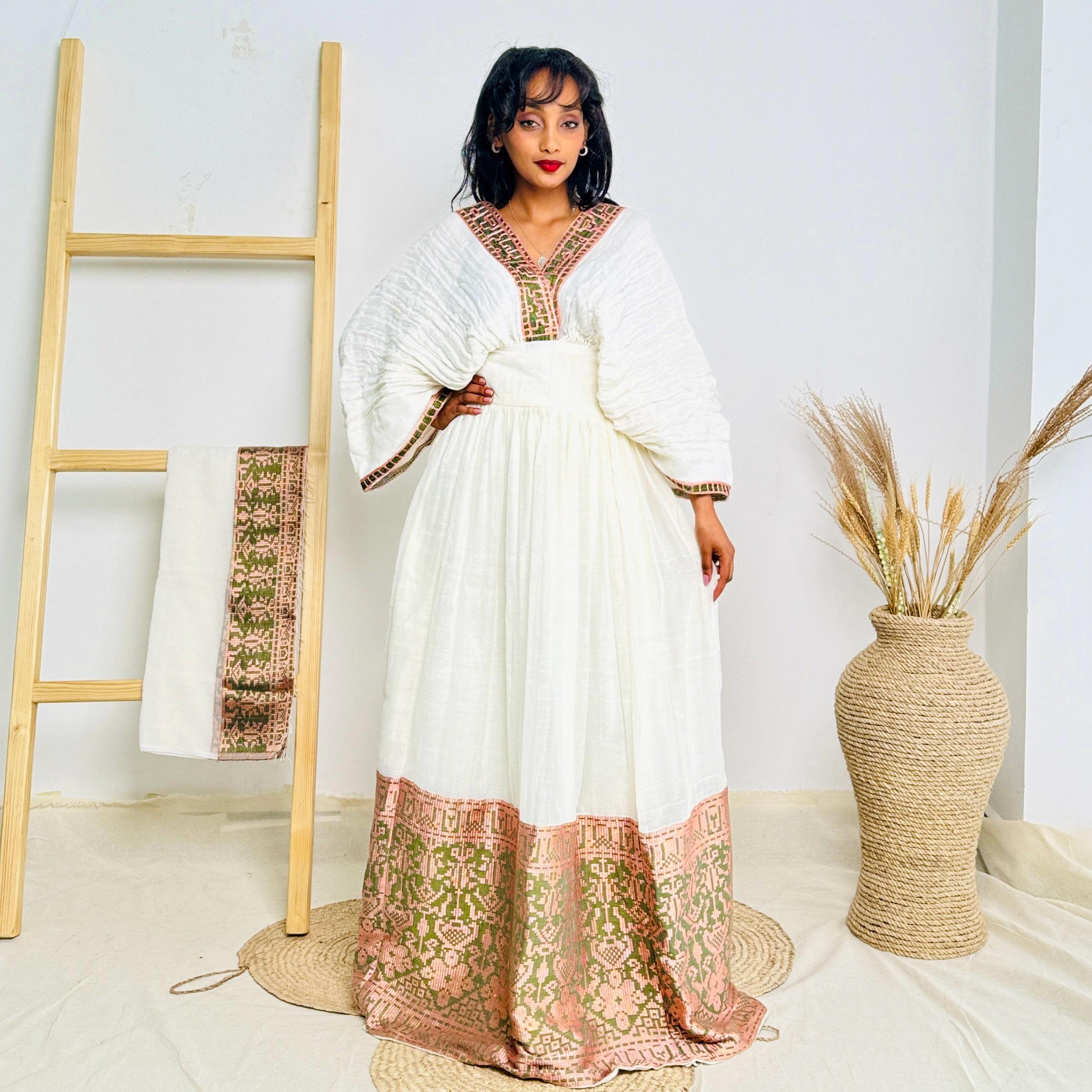 green emerald velvet dress Elegant Ethiopian Traditional Dress Gold Embroidered Habesha KemiS S main image 0