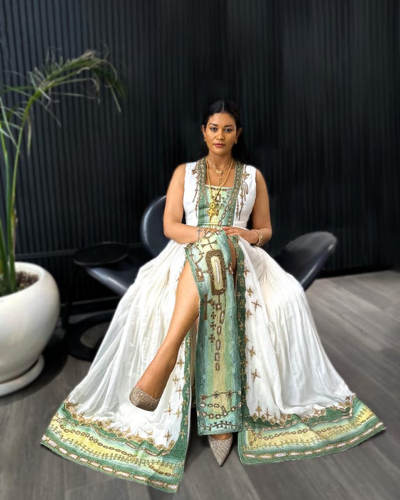 saba green dress Ethiopian Wedding Sleeveless Habesha Dress With and Gold Embroidery SB-Spring2