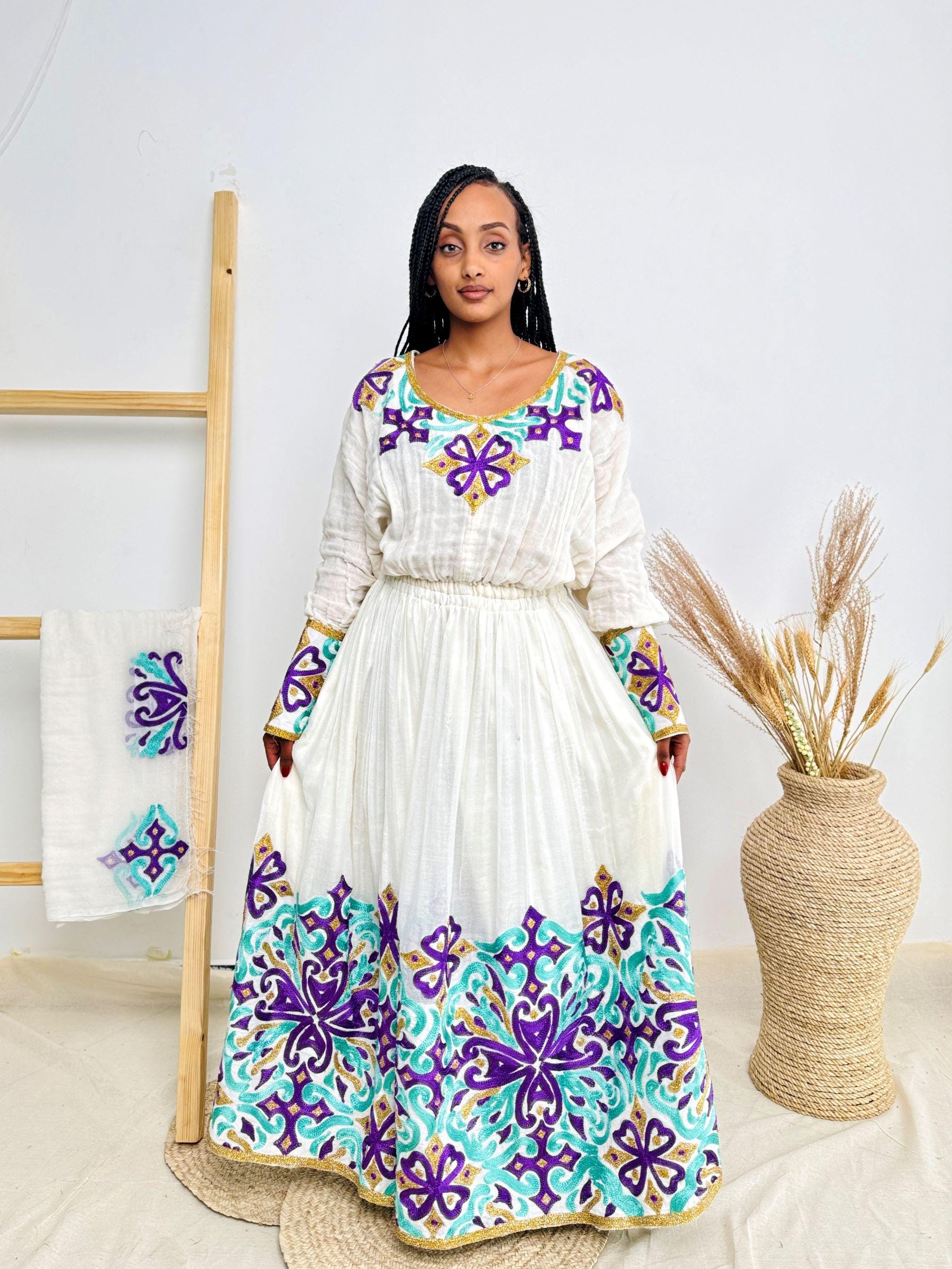 Purple & Aqua Cross Tibeb Embroidery | Ethiopian Handwoven Dress