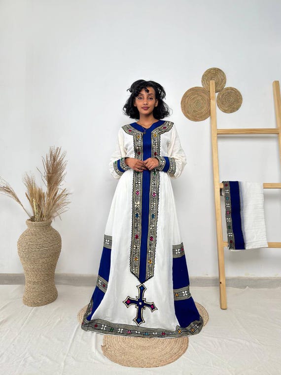 Traditional Ethiopian Habesha Dress | Royal Blue Cross Tilet Kemis | Handwoven Cotton Fit & Flare Dress Hab251 - Etsy Traditional Ethiopian Habesha Dress | Royal Blue Cross Tilet Kemis | Handwoven Cotton Fit & Flare Dress Hab251 - Etsy