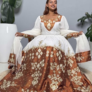 Copper and Gold Handwoven Habesha Kemis | Traditional Ethiopian Dress Hab257