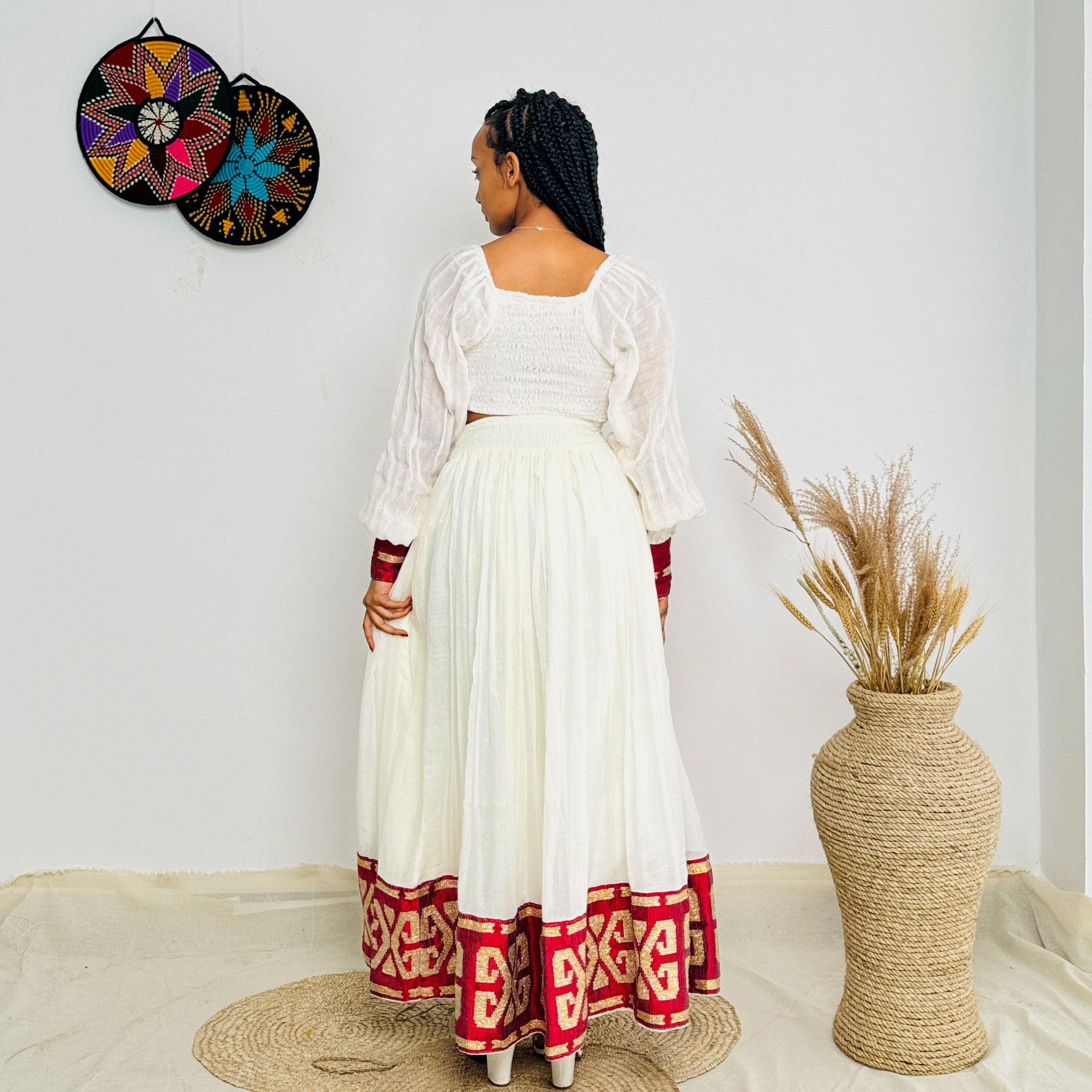 Purple Design Embroidery Handwoven Habesha CropTop and Skirt, Modern Ethiopian Dress