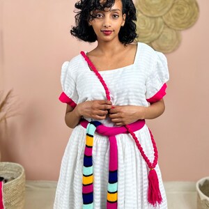 Gorgeous Handwoven White Dress | Vibrant Pink Accents & Colorful Shemma Belt | Traditional Habesha Kemis Hab151