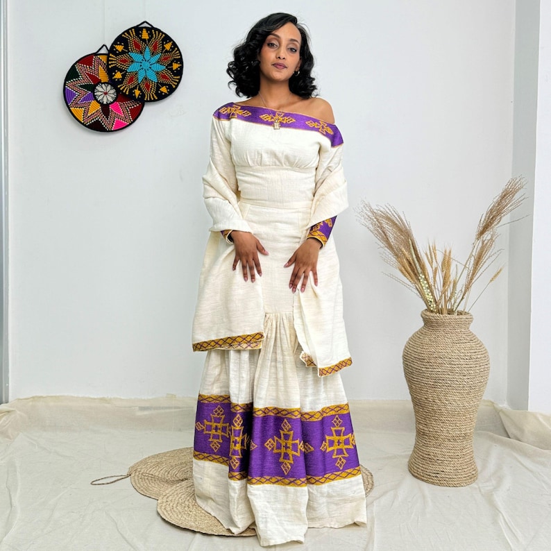 Ivory Habesha Dress with Royal Multi-Color Tibeb – Timeless Ethiopian Zuria