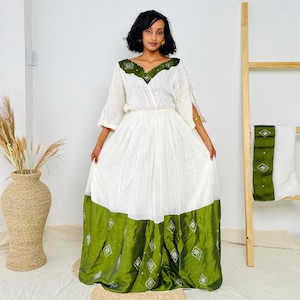 Habesha Dress | Elegant Green | Cultural Celebrations | Handcrafted Design | Ethiopian Dress Hab100