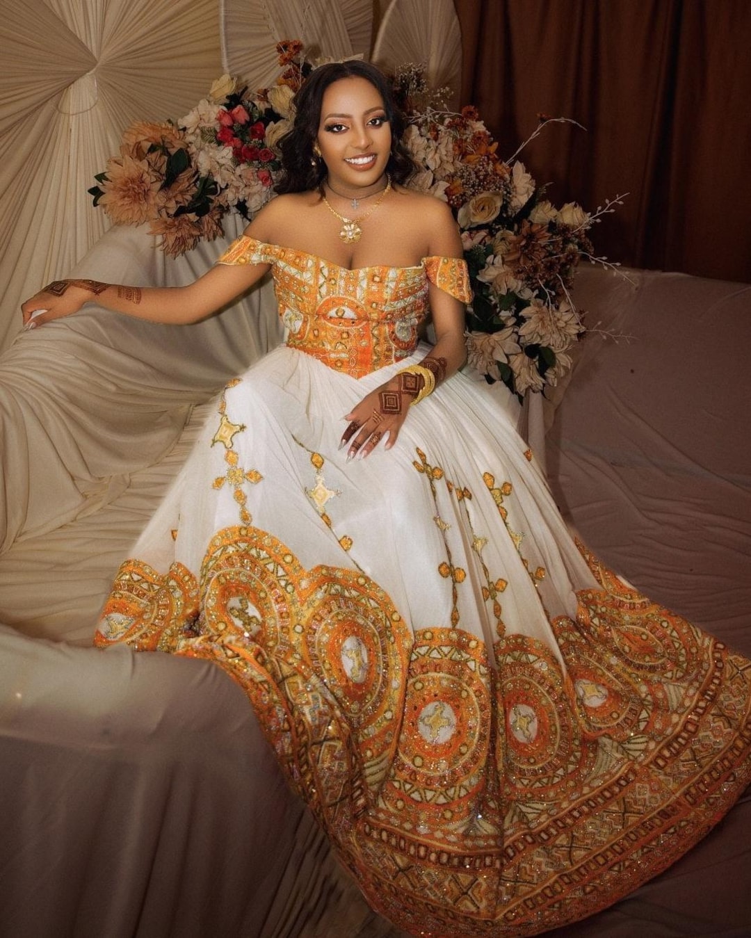 Zinu Ethiopian Clothing Wedding Style Golden Habesha Kemis Traditional Ethiopian Dress