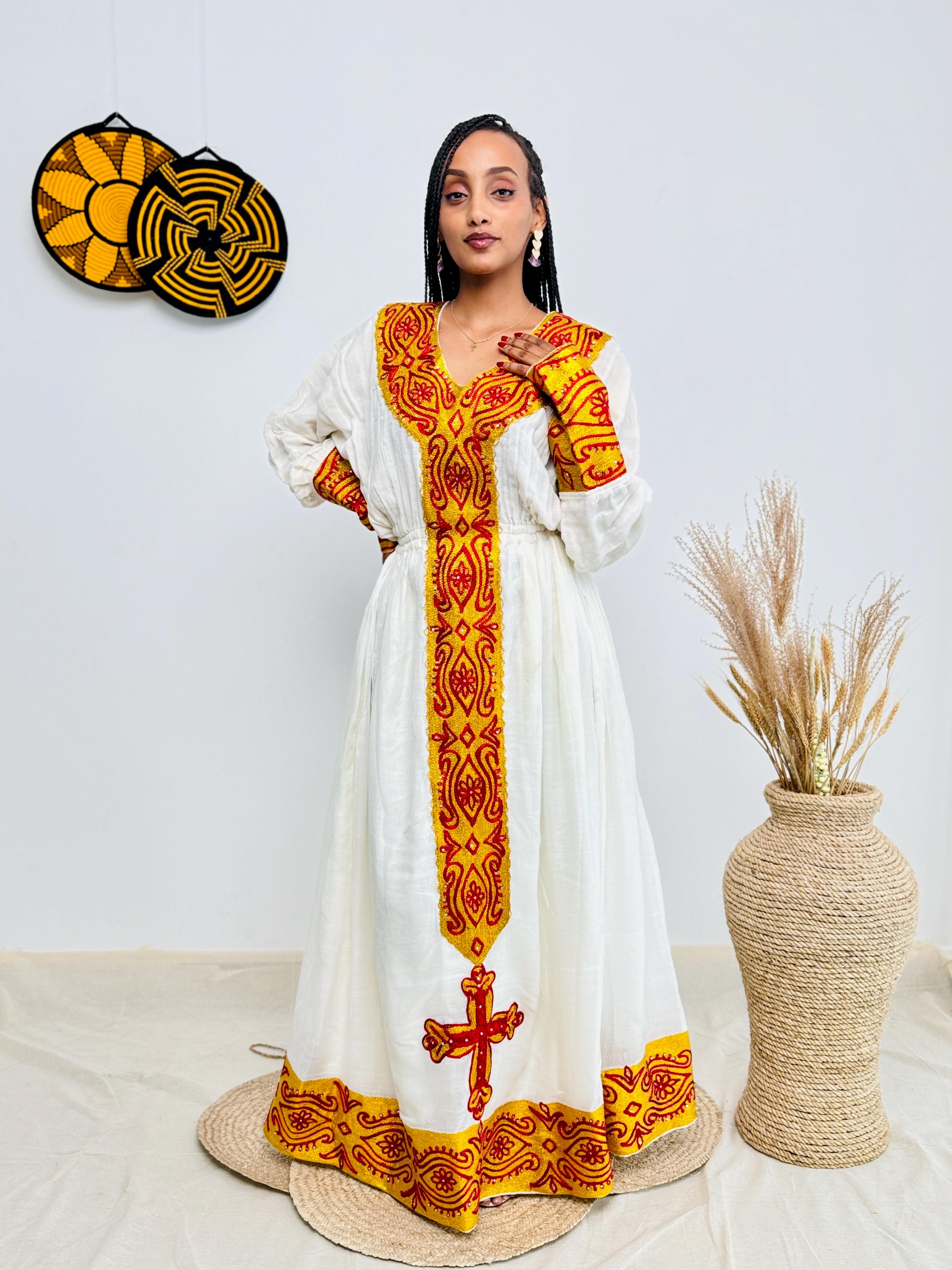 Classic Custom Habesha dress with Bright Red & Gold Details
