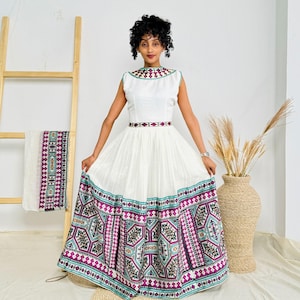 Vibrant Multicolor Habesha Dress Intricate Pattern Stylish Ethiopian Dress Hab50