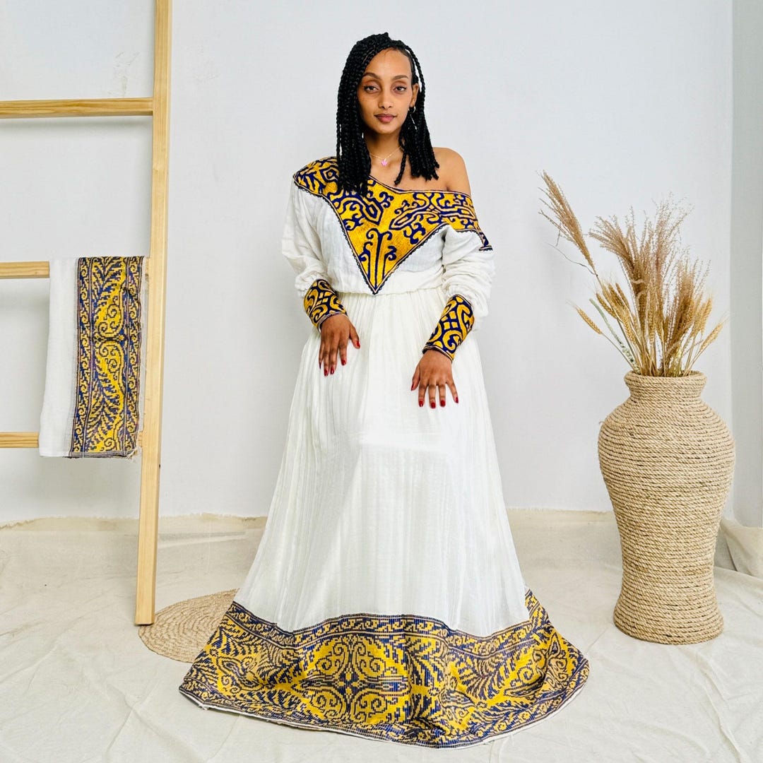 Habesha Dress – Modern Cotton Style with Handwoven Blue Borders for Graduations main image 1