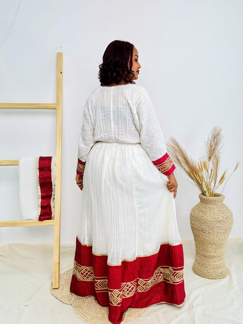 Habesha Dress – Traditional White Ethiopian Kemis with Red Borders main image 1