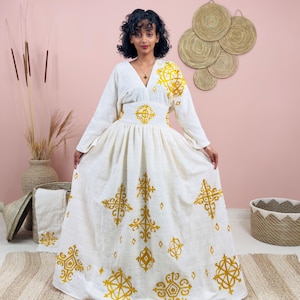 Statement Yellow Print Habesha Dress | Wide Belt Design Hab228