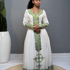 Ivory and Lime Green Handwoven Habesha Kemis | Elegant Ethiopian Dress Hab256