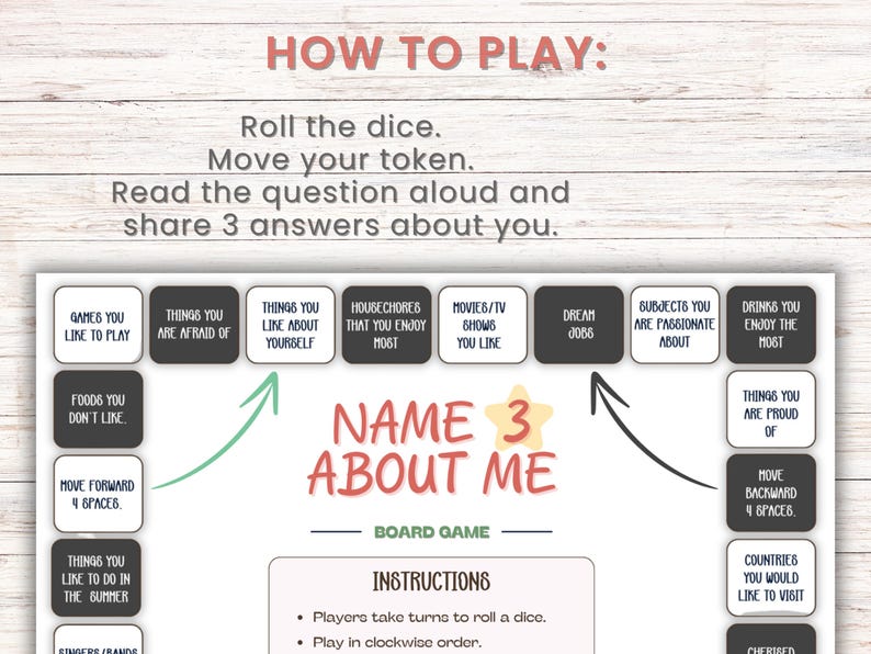 Getting to Know You Board Game Printable | Name 3 About Me | Back to ...