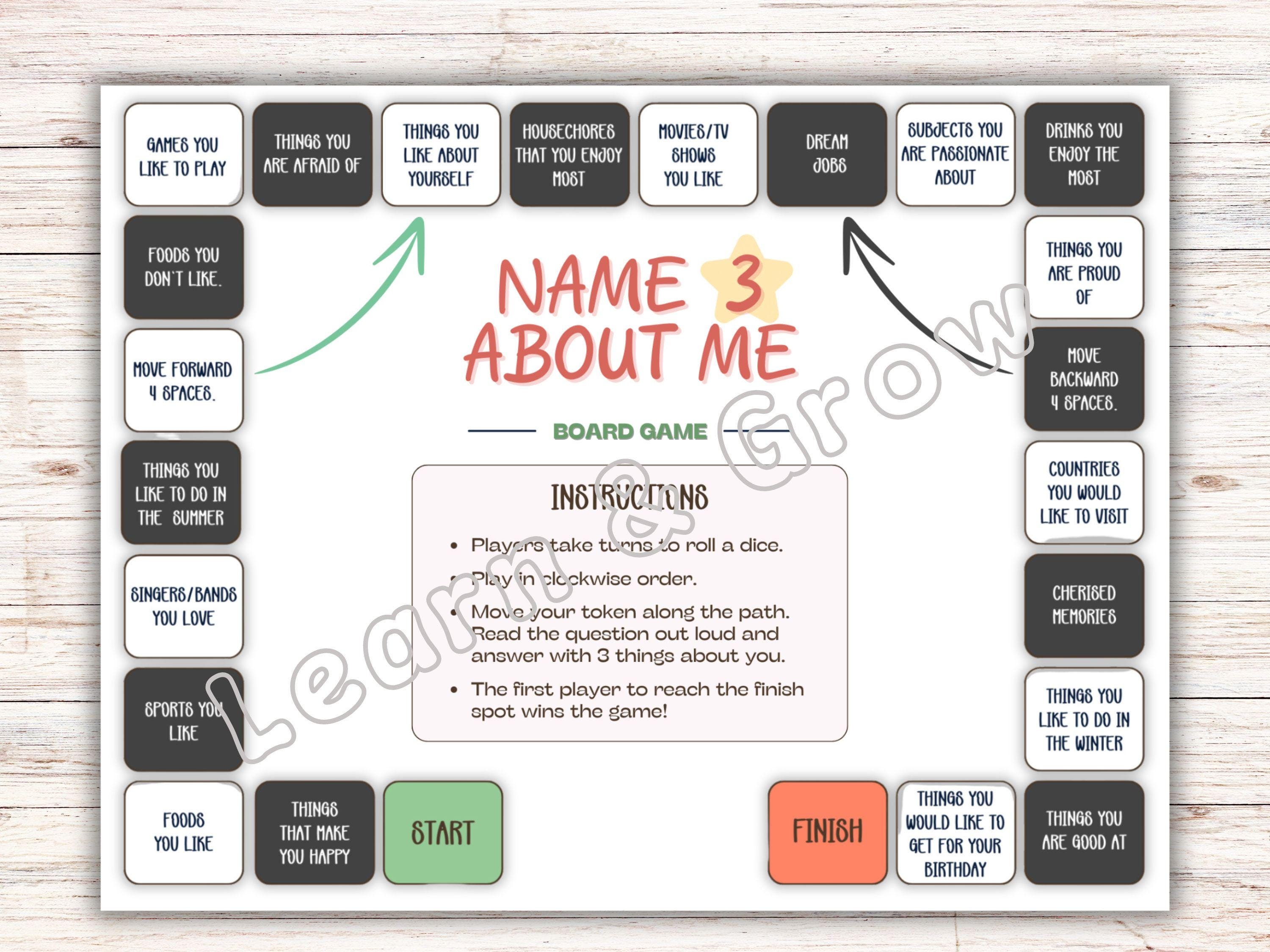 Getting to Know You Board Game Printable Name 3 About Me Roll and Tell Getting to Know You Board Game Printable Name 3 About Me Roll and Tell