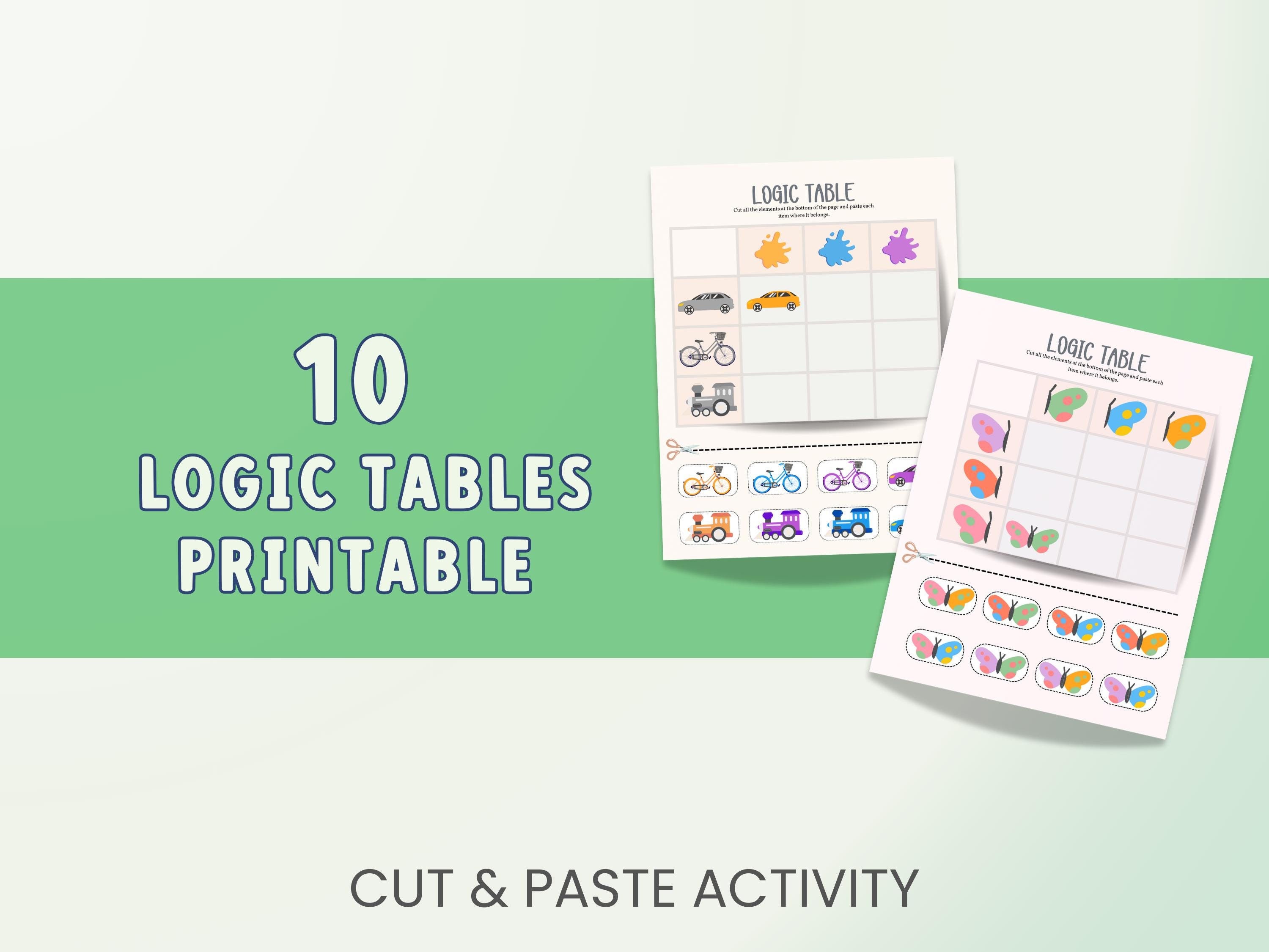 Logic Table Games Printable, Kids Logic Activity Pack Printable, Cut and Paste Logic Puzzle ...