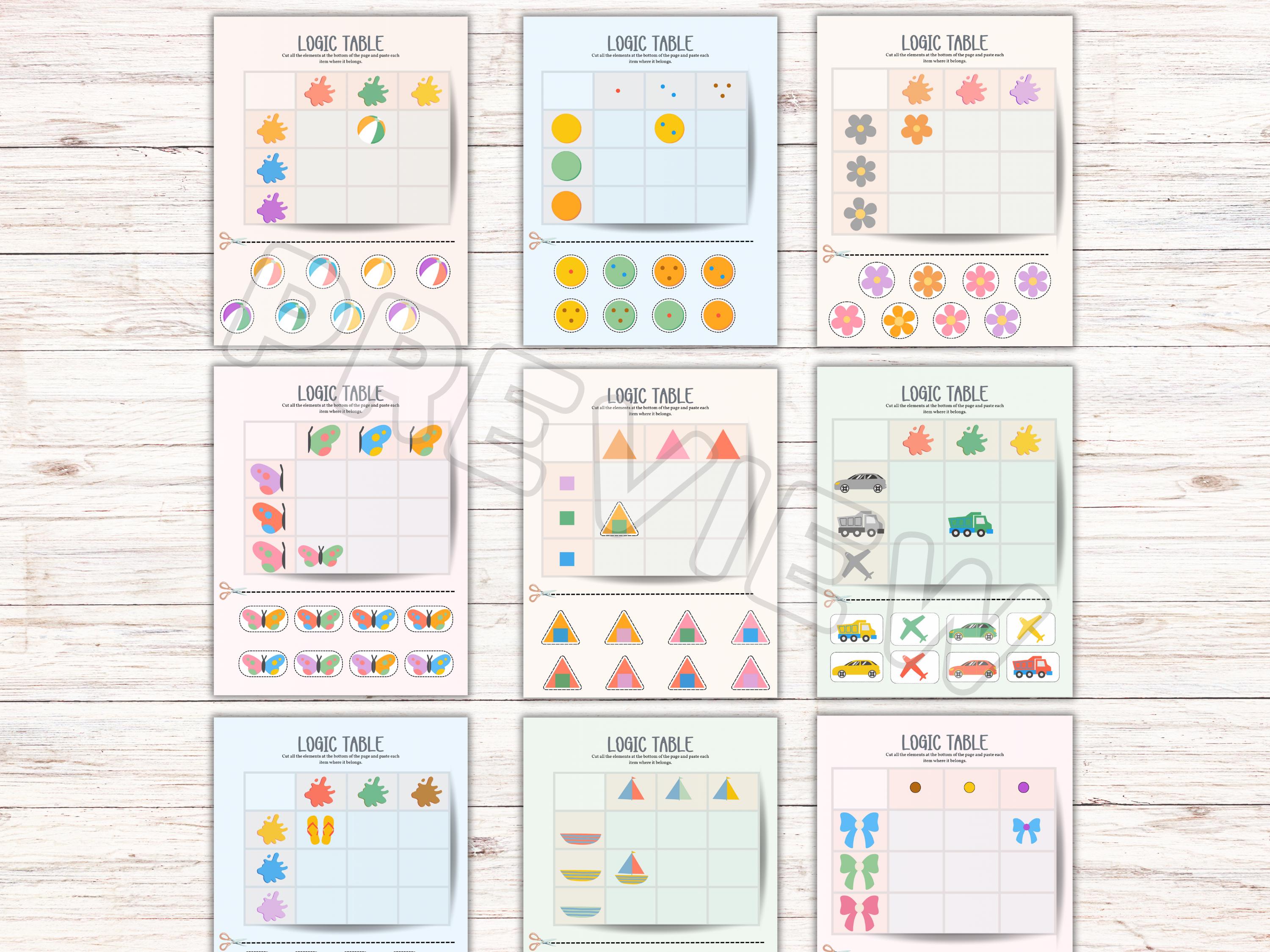 Logic Table Games Printable, Kids Logic Activity Pack Printable, Cut and Paste Logic Puzzle ...