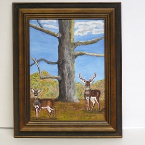 Surprised! Two Deer Startled By A Passerby - Original Framed Painting