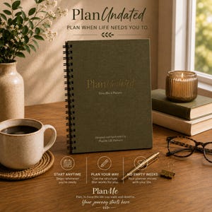 May include: An olive green spiral-bound undated planner with gold text on the cover reading PlanUndated Time-Block Planner. The cover also includes the text Designed and Handcrafted by PlanMe Life Planners. The planner is a rectangular notebook.