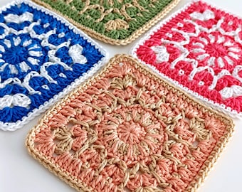 Lote com 16 peças de quadrados de crochê feitos à mão, estilo vovó, com motivos boho em algodão e apliques multicoloridos.
