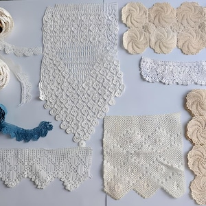 Conjunto de rendas de crochê feitas à mão | Pacote de peças de renda vintage | Costura lenta, diário de arte, costura, materiais para artesanato
