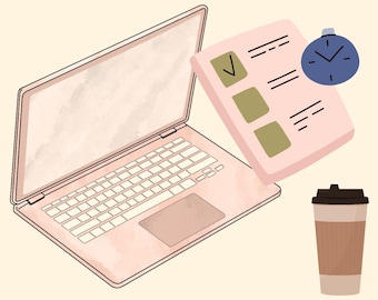 Op de afbeelding: Digitale illustratie van een roze laptop, een checklist en een koffiekopje. De tekst "2026 Habits Planner" en "THE BEST IS YET TO COME..." zijn weergegeven. Een blauwe klok is ook inbegrepen.