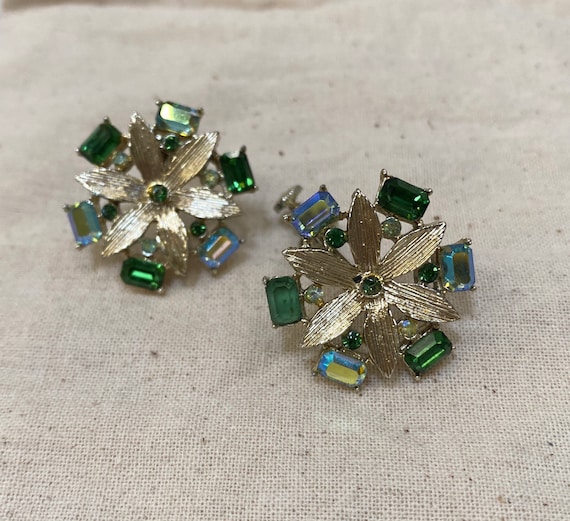 Vintage blue and green floral rhinestone clipon e… - image 1