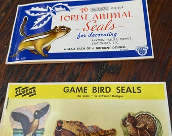 Vintage set of 2 stickers/ game bird seals and forest animals