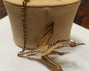 Large rhinestone gold Crane birds pin w chain