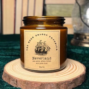 Neverland Bookish Scented Candle | Peter Pan-Inspired | Amber Glass Jar Container Candle | Forest, Sea Spray & Pixie Dust | Book Lover Gift