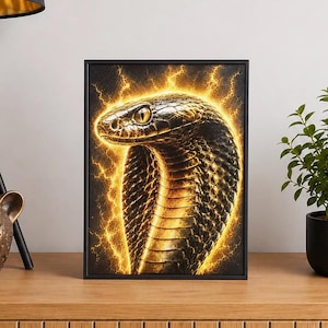 May include: A rectangular framed wall art piece featuring a detailed illustration of a cobra snake. The snake has dark, textured scales and is surrounded by a glowing, bright yellow aura that resembles electrical lightning bolts against a black background.