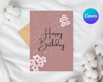 Cherry Blossom Happy Birthday Card: Floral Design (PDF) editable, Customizable