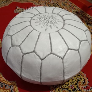 Moroccan Pouf Ottoman, Moroccan Leather Pouf cover, Moroccan Pouf, Genuine Leather Ottoman Footstool, Moroccan Ottoman Pouffe White Color.