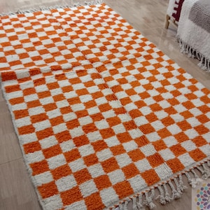 Orange Checkered Moroccan Rug: Handwoven Wool Berber Carpet